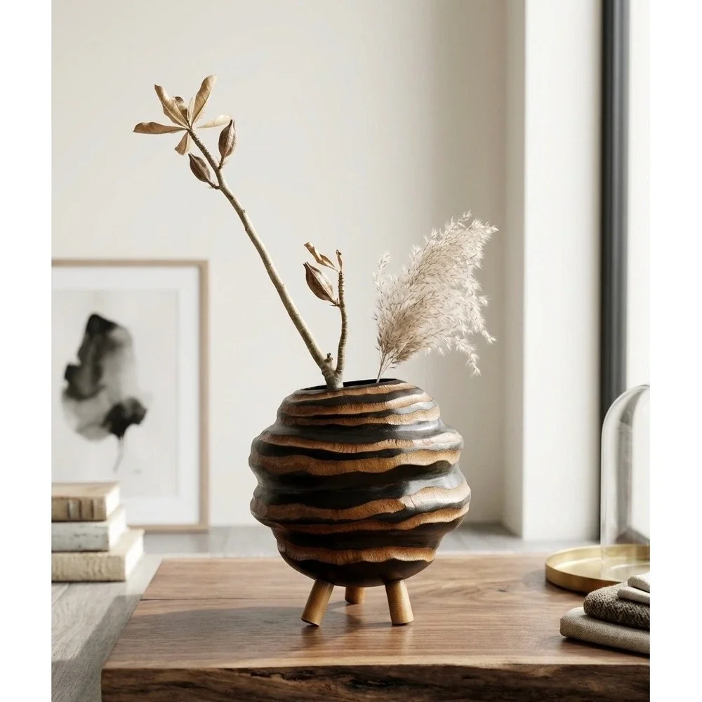 Hand Carved Wood Beehive Tripod Vase Brown Black Sculptural Boho Decor 6.5in